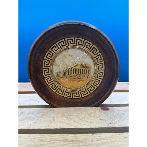 Wood Other - Vintage Athens Greece Parthenon Souvenir Brass & Mother of Pearl WoodWall Plaque